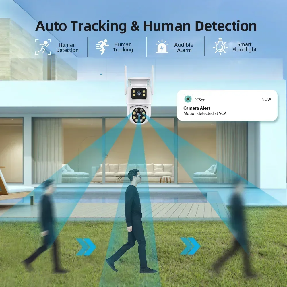 4k 8mp wifi ptz Kamera Doppel objektiv mit zwei Bildschirmen ai Mensch erkennen Auto Tracking drahtlose Außen überwachungs kamera icsee App