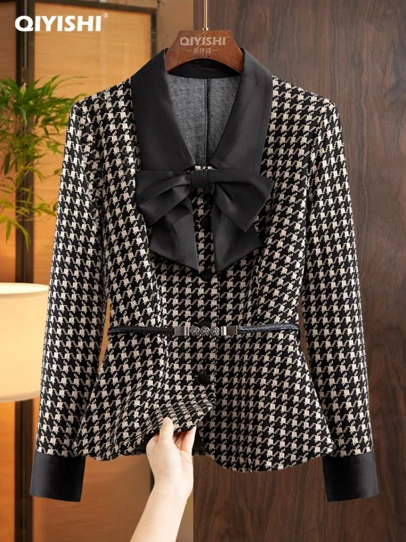 2026 Spring Fashion Little Fragrant Style Celebrity Thousand Bird Grid Coat Women New Design Sense Niche Waist Cinching Slim Top