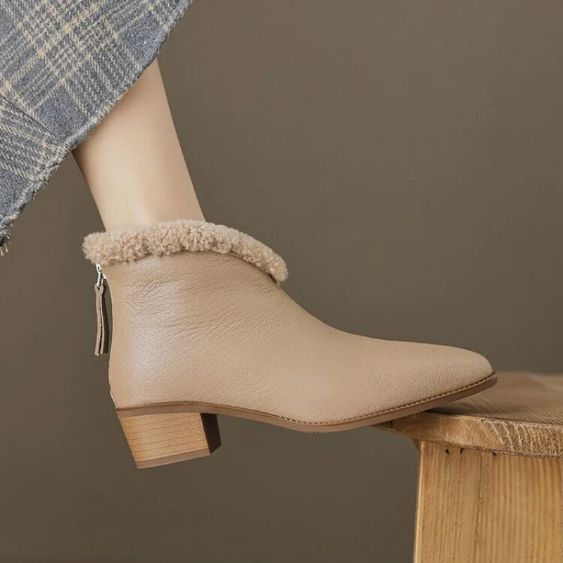 

2026 Women Winter Ankle Boots Vintage Soft Bottom Block Heel Pointed Toe Fleece Lined Thick Heel Short Boots