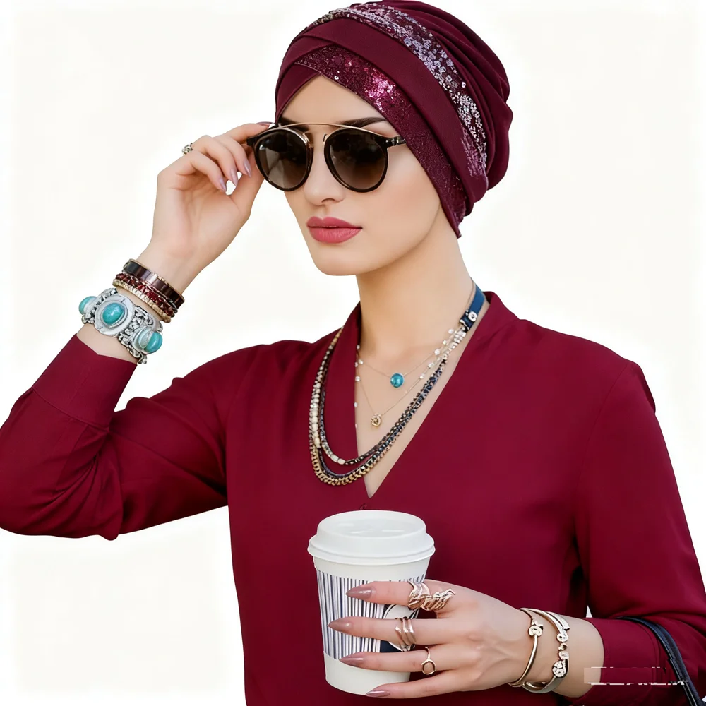 

Muslim Forehead Cross Sequins Indian Hat Turban Women Chemo Cap Hijab Hair Loss Bonnet Beanies Headwrap Headscarf Cover Turbante