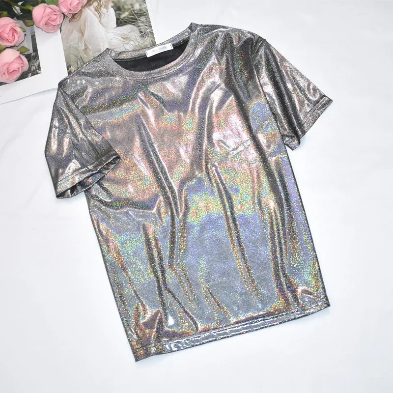 Womens Sparkly Shiny Metallic Holographic Round Neck Short Sleeve Casual Loose Top Festival Party Tee Shirt Female Clothes