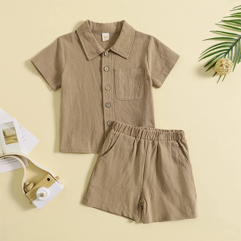 Newborn Baby Boys Summer Top Pant Clothes Sets Solid Cotton Linen Pocket Short Sleeve T-Shirts+Button Shorts Beach Casual Outfit