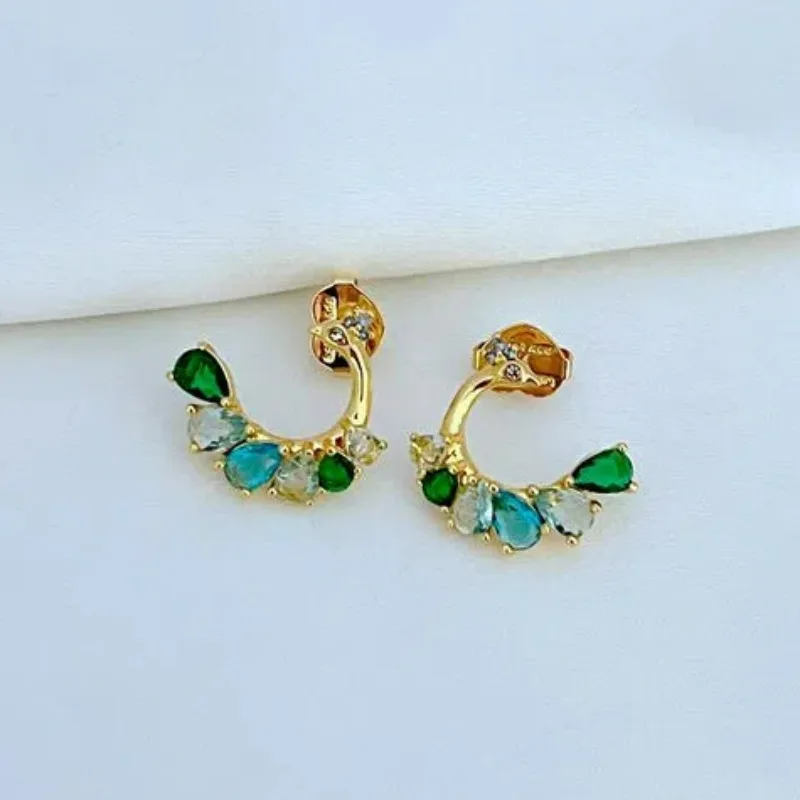 New Fashion Creativity Chinese Style Emerald Water Droplet Zircon Color Matching, Elegant Peacock Shaped Temperament Earrings