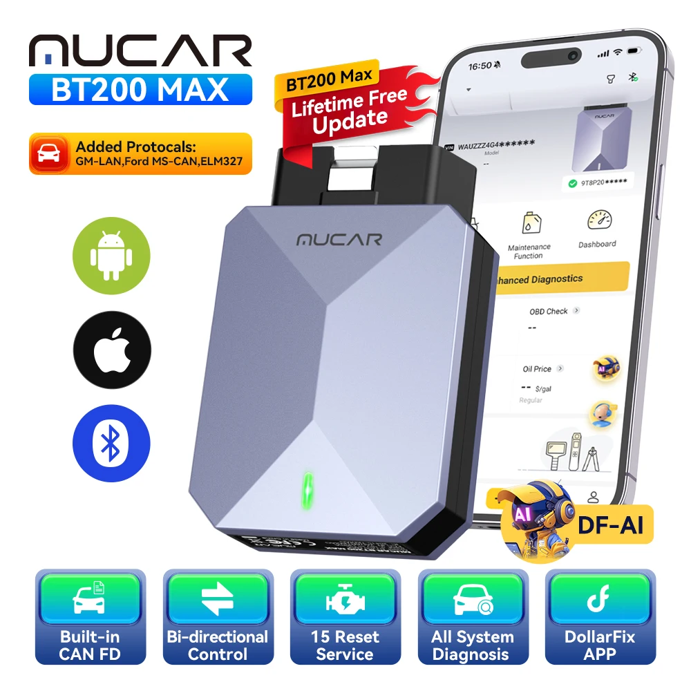 MUCAR BT200 MAX AI Automotive Tool ELM327 OBD2 Bluetooth Scanner CANFD Bidirectional 15 Reset Full System Diagnose Code Reader