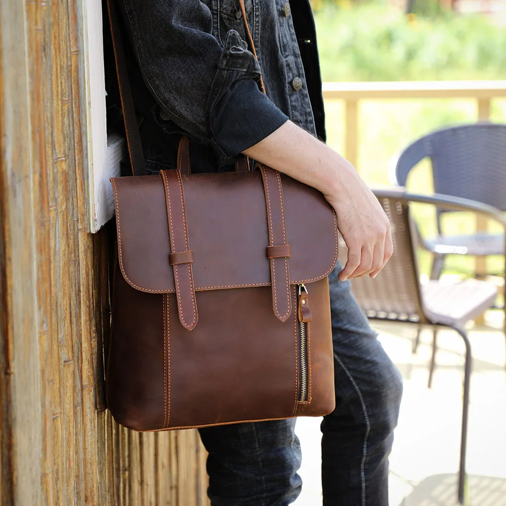 S.WORKER Vintage-Rucksack aus echtem Leder, Unisex, lässig, Preppy-Schultasche, Crazy Horse-Rindsledertasche, Umhängetasche – Detail 5