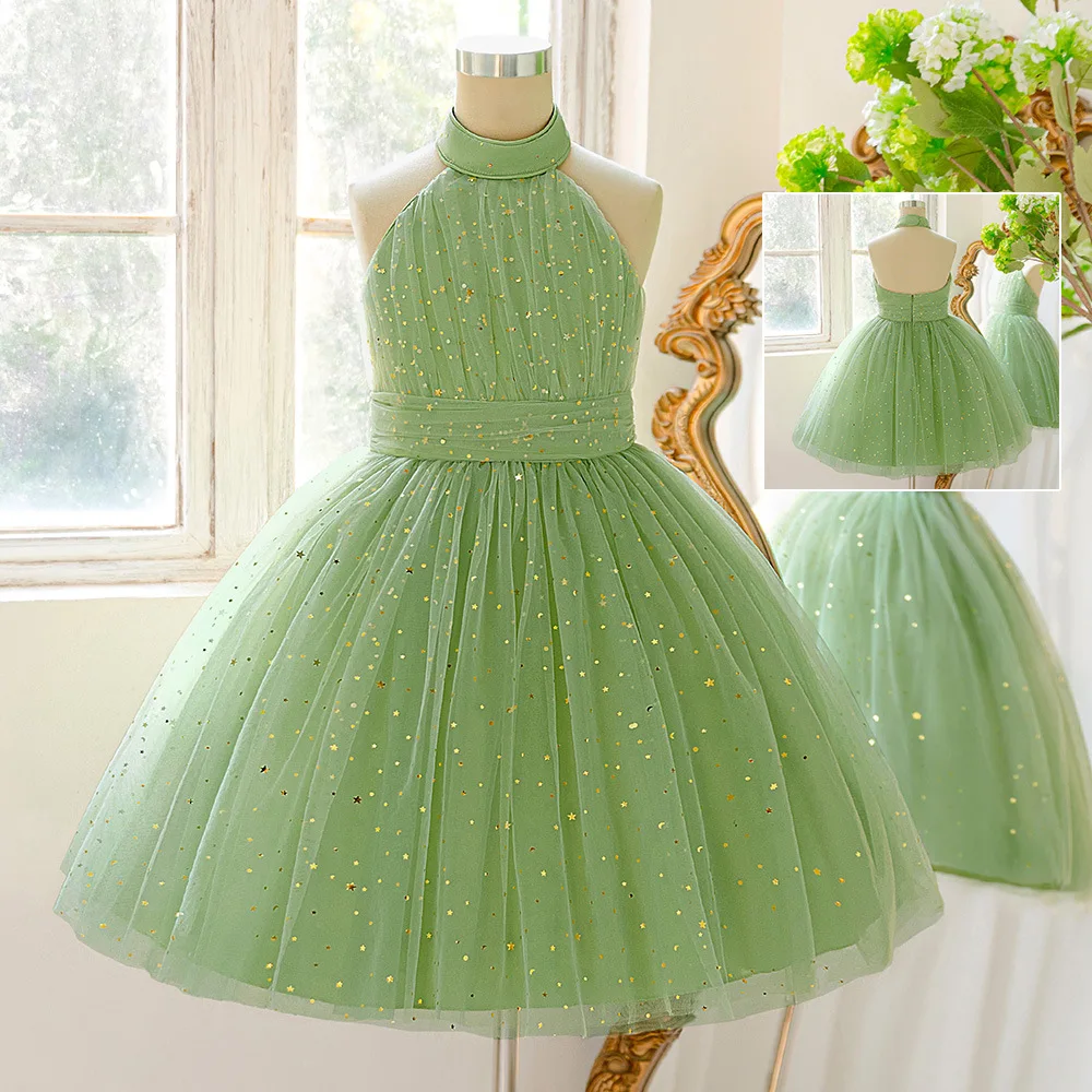 Girls Princess Dress Mesh Backless Halter Tulle Ball Gown Sequined Sparkly Star Birthday Party Formal Dress Flower Kids Clothes