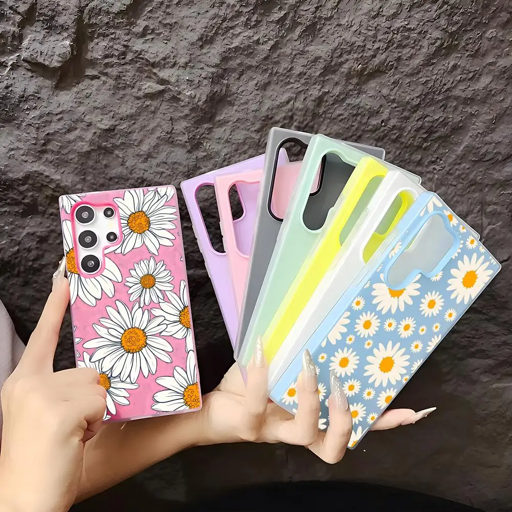Daisy Graphic Printed Phone Case Soft TPU Clear Case For Samsung S22-S26, 2-in-1 Detachable Multi-Color Card Holder