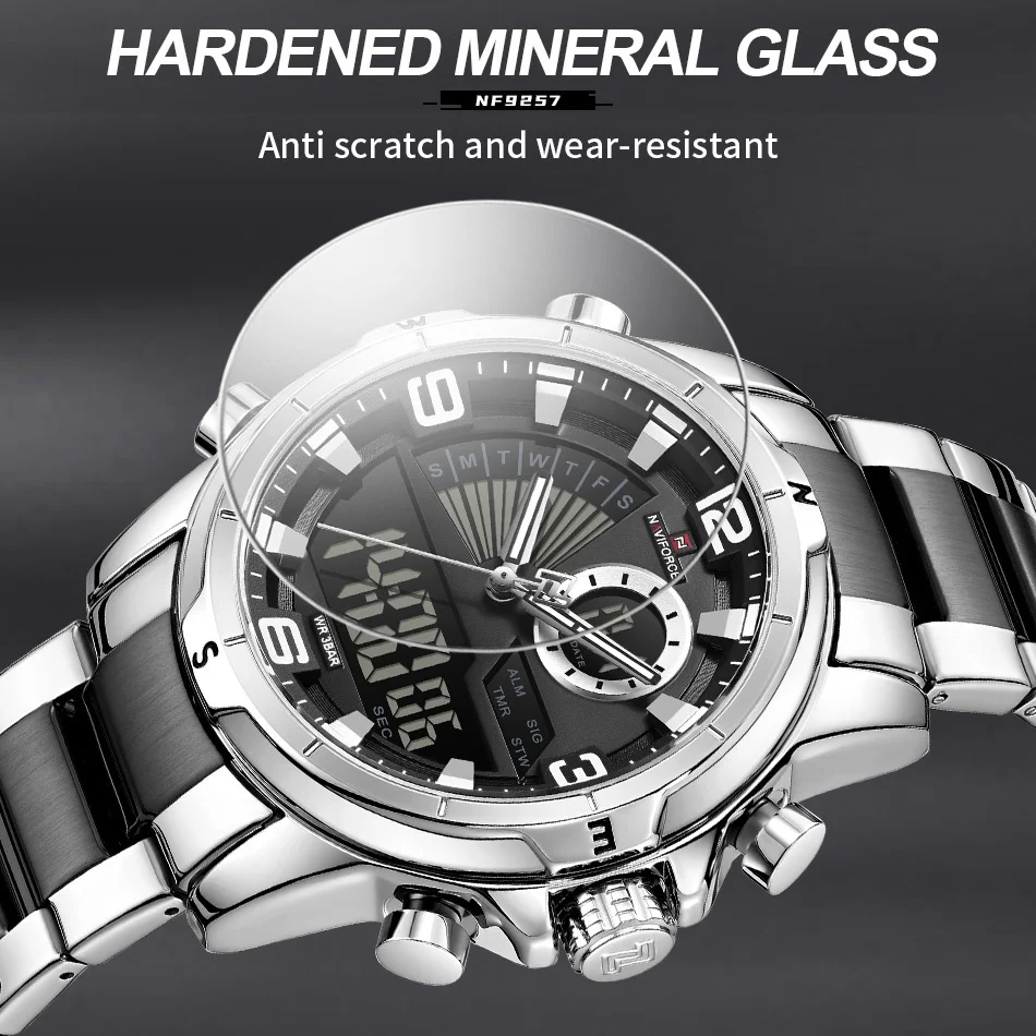 

Новые мужские водонепроницаемые часы NAVIFORCE 3ATM, многофункциональные часы с двойным дисплеем, ремешок для часов из нержавеющей стали с датой, светодиодный режим подсветки