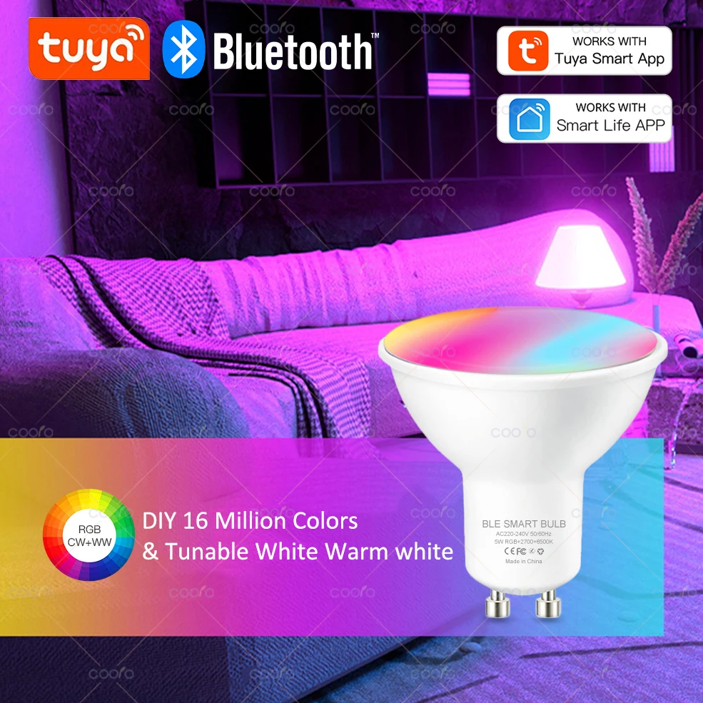 COOLO Tuya Smart Life GU10 Bluetooth Smart LED Light Bulbs RGB W+C 5W Dimmable Lamps AC 220V App Remote Control Spotlight Bulb