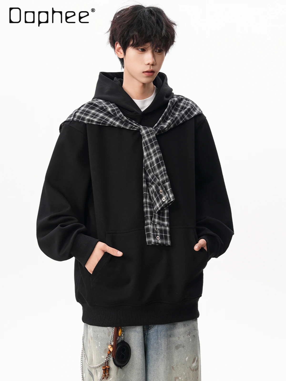 

Spring and Autumn American Style Fake Two-Piece Black Plaid Shawl Sweatshirt Men's Loose Casual Versatile White Hooded Jacket