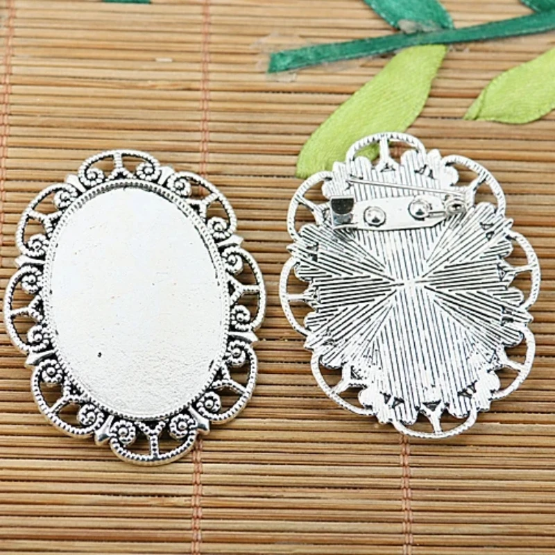 5pcs Tibetan Silver Floral Rim Oval Cabochon Settings with Fibula EF2065 Jewelry Making Supplies