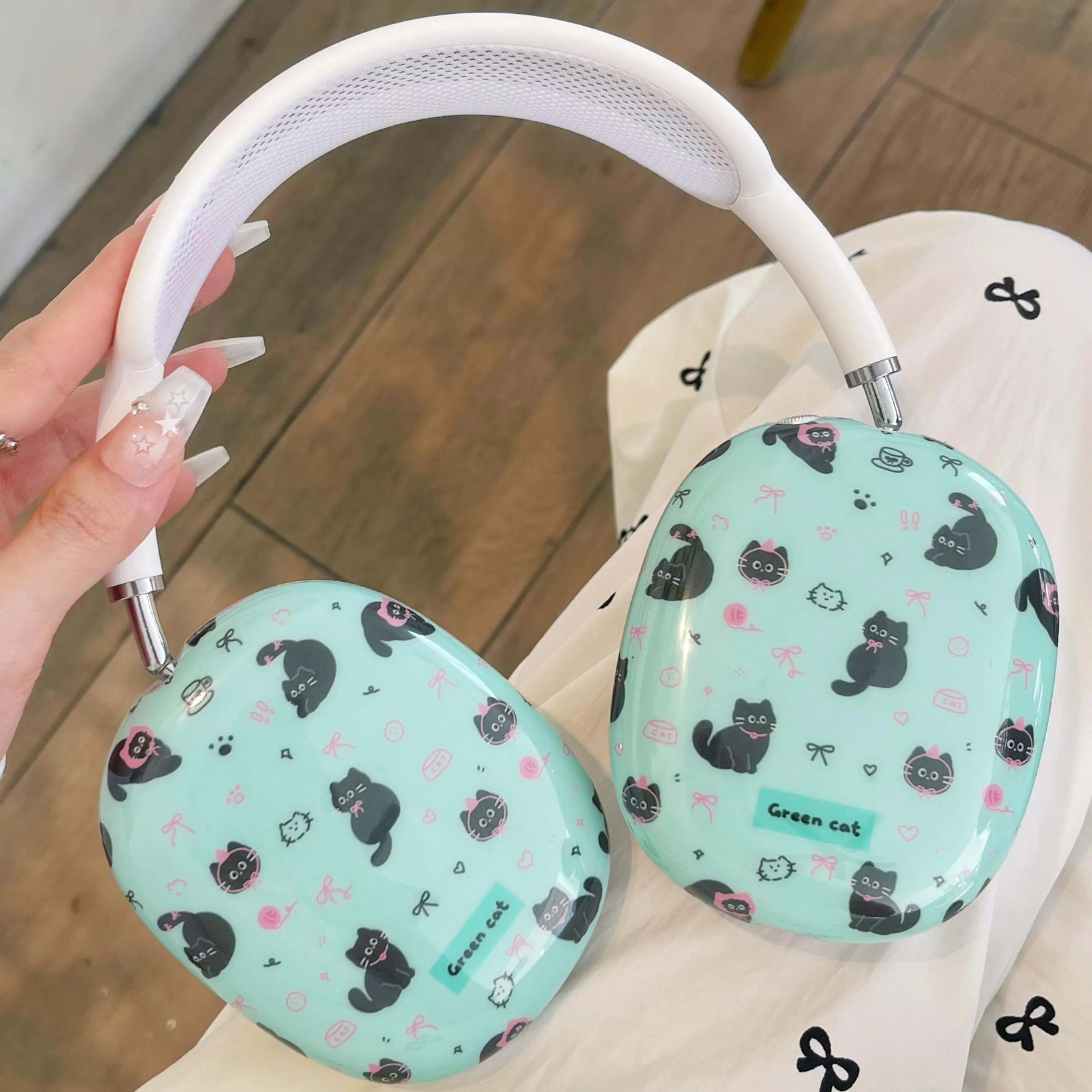 Ins black cat cartoon bow imd headphone cover for apple airpods max airpodmax headset capa cute earphone case