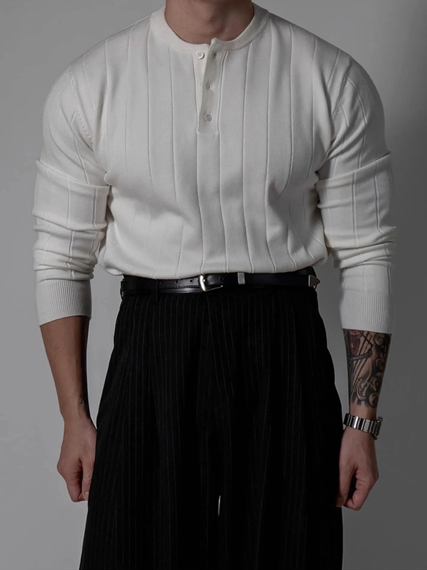 

White Henry Collar Striped Long Sve Knitted Sweater Men's Casual Versatile Autumn Winter Slim Fit Comfortable Polyester Fiber