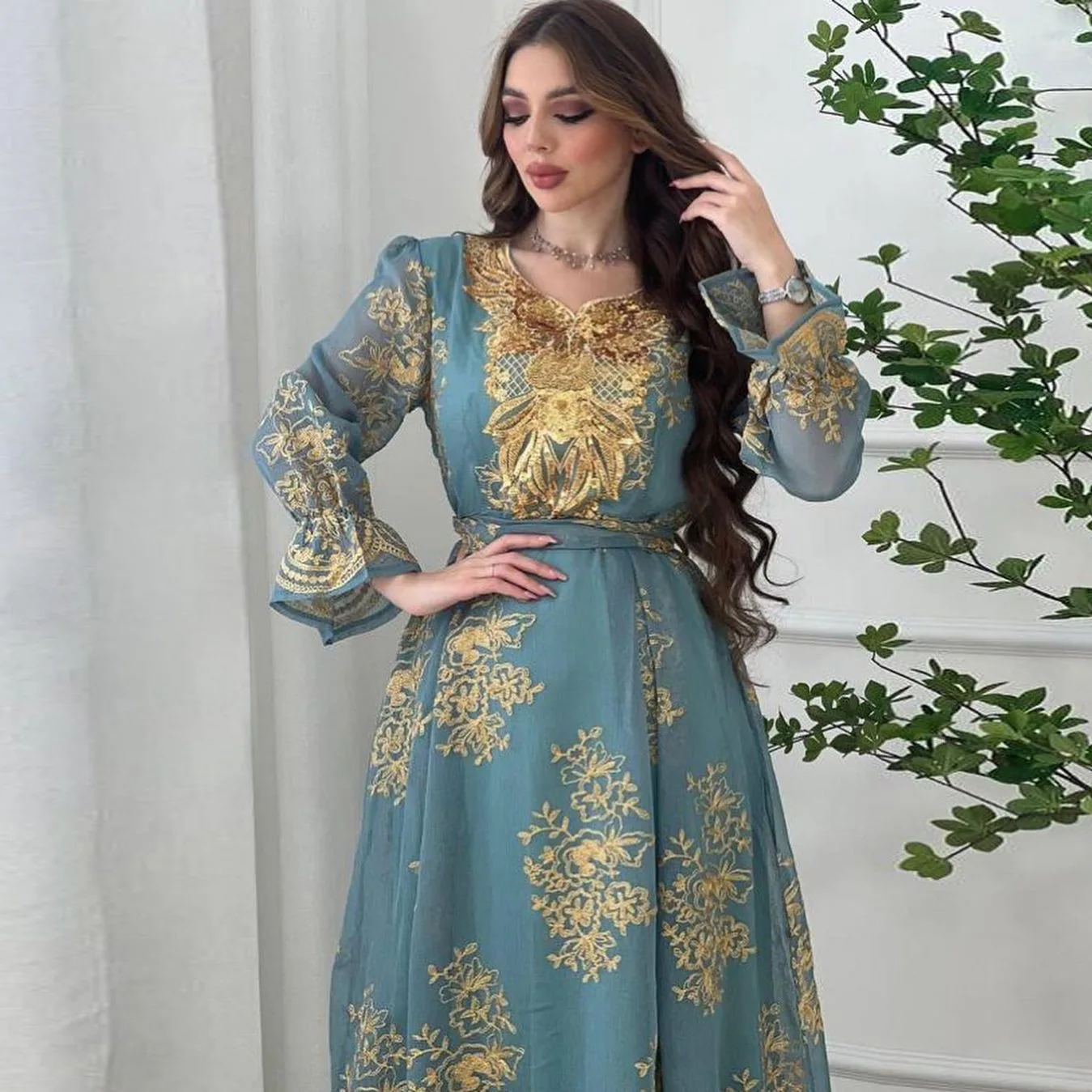 Eid al-adha Arab Dubai abito Applique ricamato abito da sera per feste musulmane pizzo maniche lunghe eleganti abiti arabi del medio oriente