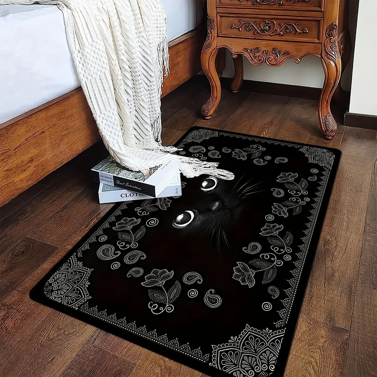 

1PC Black cat flowers pattern Door Mats Kitchen Rugs Non-Slip Pop design Living room Rugs Bath Mat Carpet for Sink Laundry Decor
