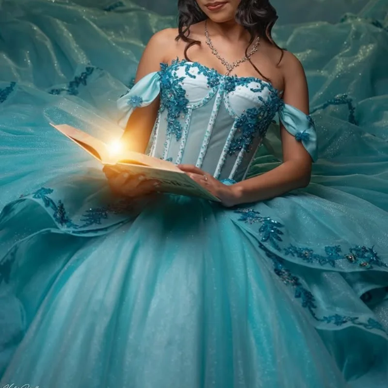 

Blue Quinceanera Dress off-shoulder Sequins Flower Decal Crystal Long tail Lace Layering Vestidos de 15 Quinceanera ﻿Customize