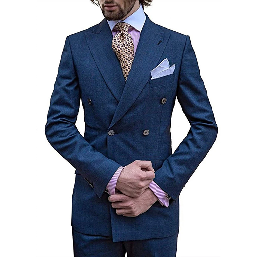 

Suits For Men Wedding Groom Blazer Masculino Double Breasted Blue Peaked Lapel Two Piece Regular Jacket Pants Slim Fit 2024