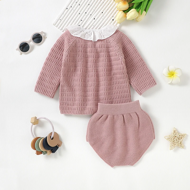 Baby Clothes Sets Knitted Infant Girl Boy Pullover +Shorts Fashion Ruffles Turn-down Collar Children Sweater +Pants 2PC Playsuit