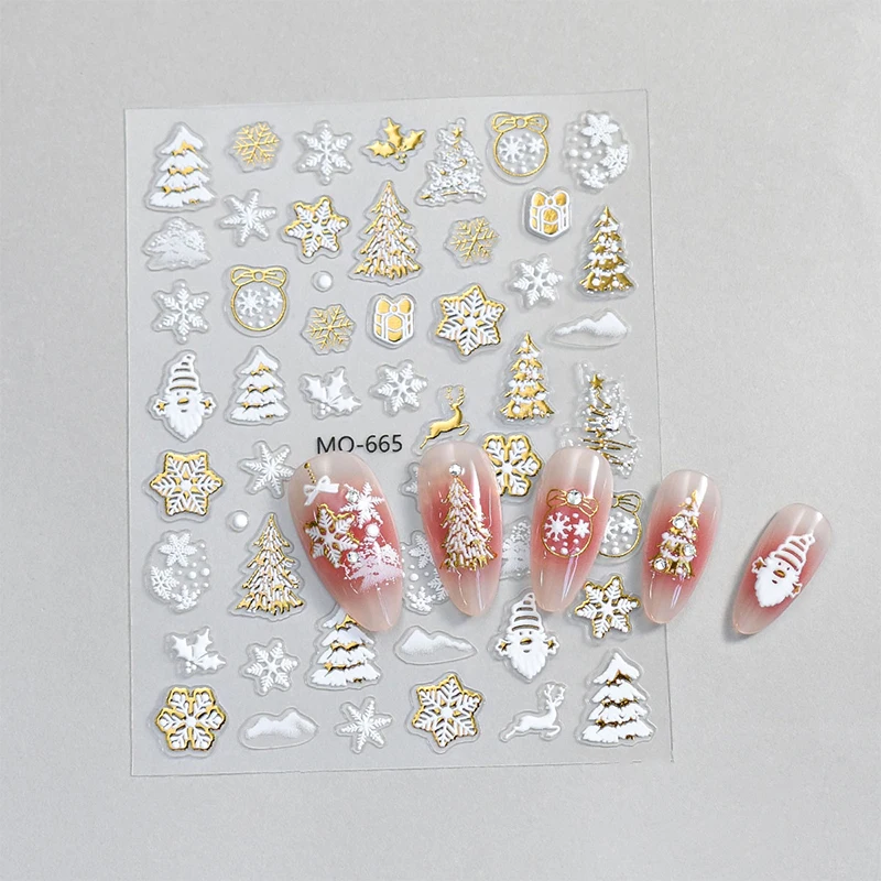 Pegatinas doradas para decoración de uñas, árbol de Navidad bronceado, copo de nieve, muñeco de nieve, deslizadores de estrellas, ciervo de dibujos animados, calcomanía para manicura de Año Nuevo