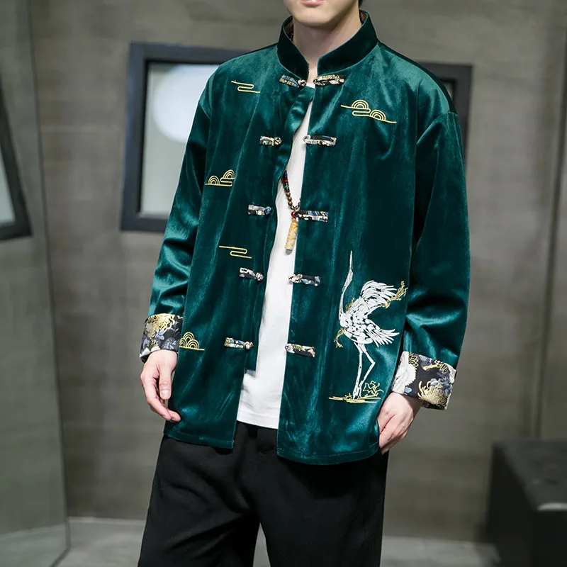 

Autumn Chinese Style Men's Corduroy Embroidery Long Sleeve Shirt Men's Button Stand Collar Coat Han Tang Traditional Clothing