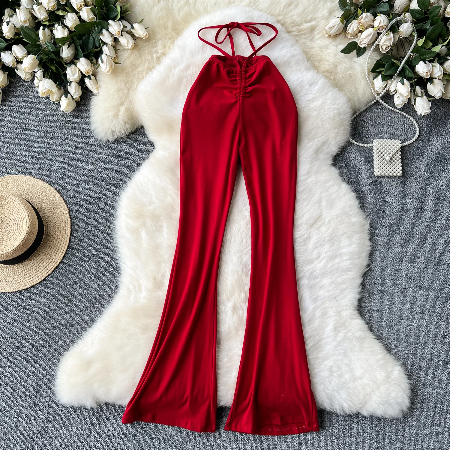 Women Solid High Waist Bandage Pants Wide Leg Korean Fashion Elegant Casual Vintage summer Streetwear basics Clothing