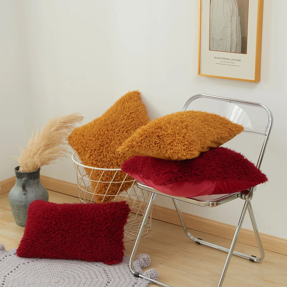 MACT Soft Fur Plush Throw Pillow Cover Solid Color Fluffy Cushion Cover Decor Sofa Living Room Pillowcase For Bedroom Decoration