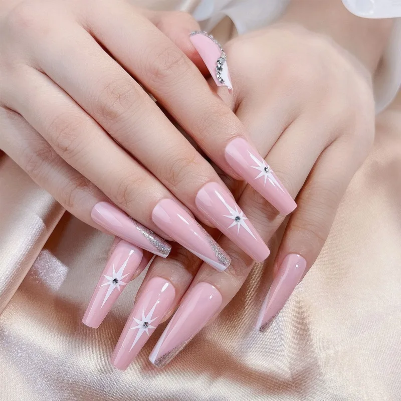 European and American Long Trapezoidal Nail Enhancement with Wear-resistant Wearing Pink Boxed 24 Piece Ballet Nails