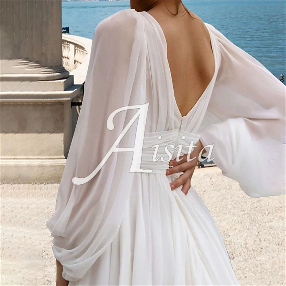 Vestido de novia de una línea personalizado, Vestidos de novia de manga larga con cuello en V, plisados de gasa, Vestidos de novia con abertura frontal, Vestidos