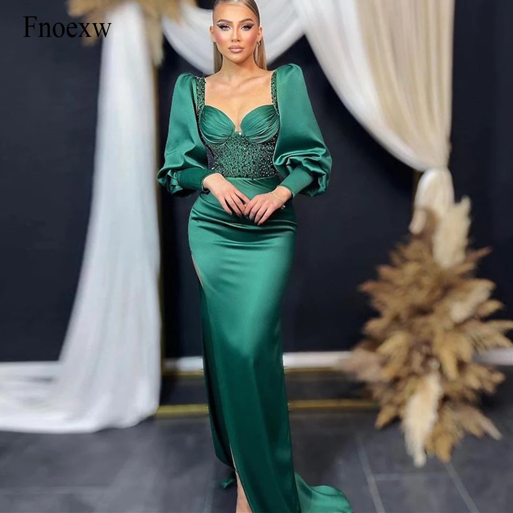 

Fnoexw Green Satin Mermaid Prom Dresses Long Puff Sleeves Beaded Party Gowns Long Plus Size Sweetheart Pleat Vestidos De Fiesta