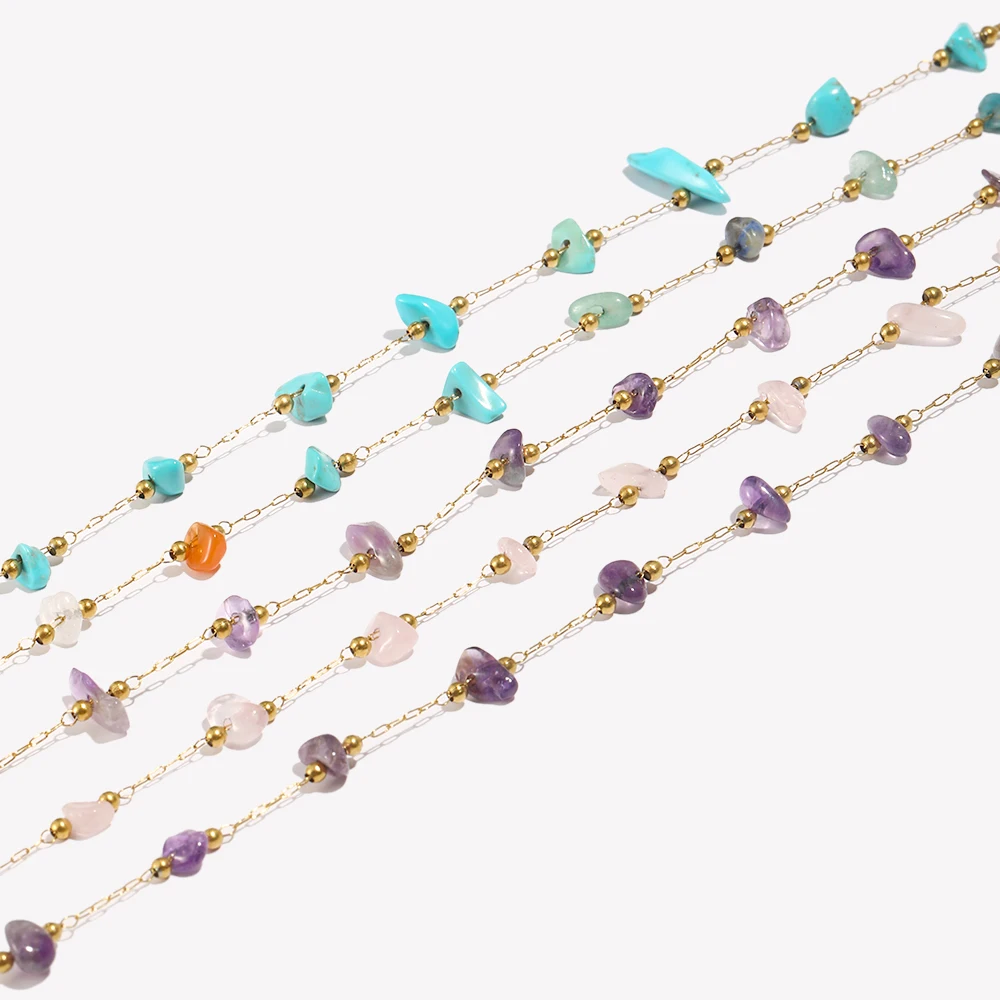E.B.belle Natural Stone Pearl Bracelet Colorful Stone Powder Purple Blue Crystal 316L Stainless Steel 18K Gold Plated Necklace
