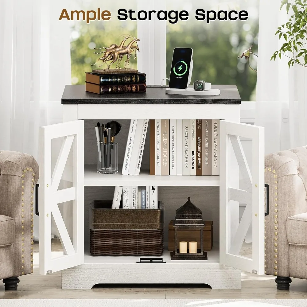 طاولة جانبية للتخزين الريفي، طاولة نهاية رف قابلة للتعديل، منضدة واسعة، منضدة خشبية مع محطة شحن #5