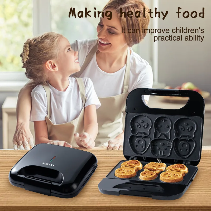 Electric Cookie Maker Household Cartoon Biscuit Machine Mini Scones Breakfast Machine with 6 Pan Griddle for Kids 220V