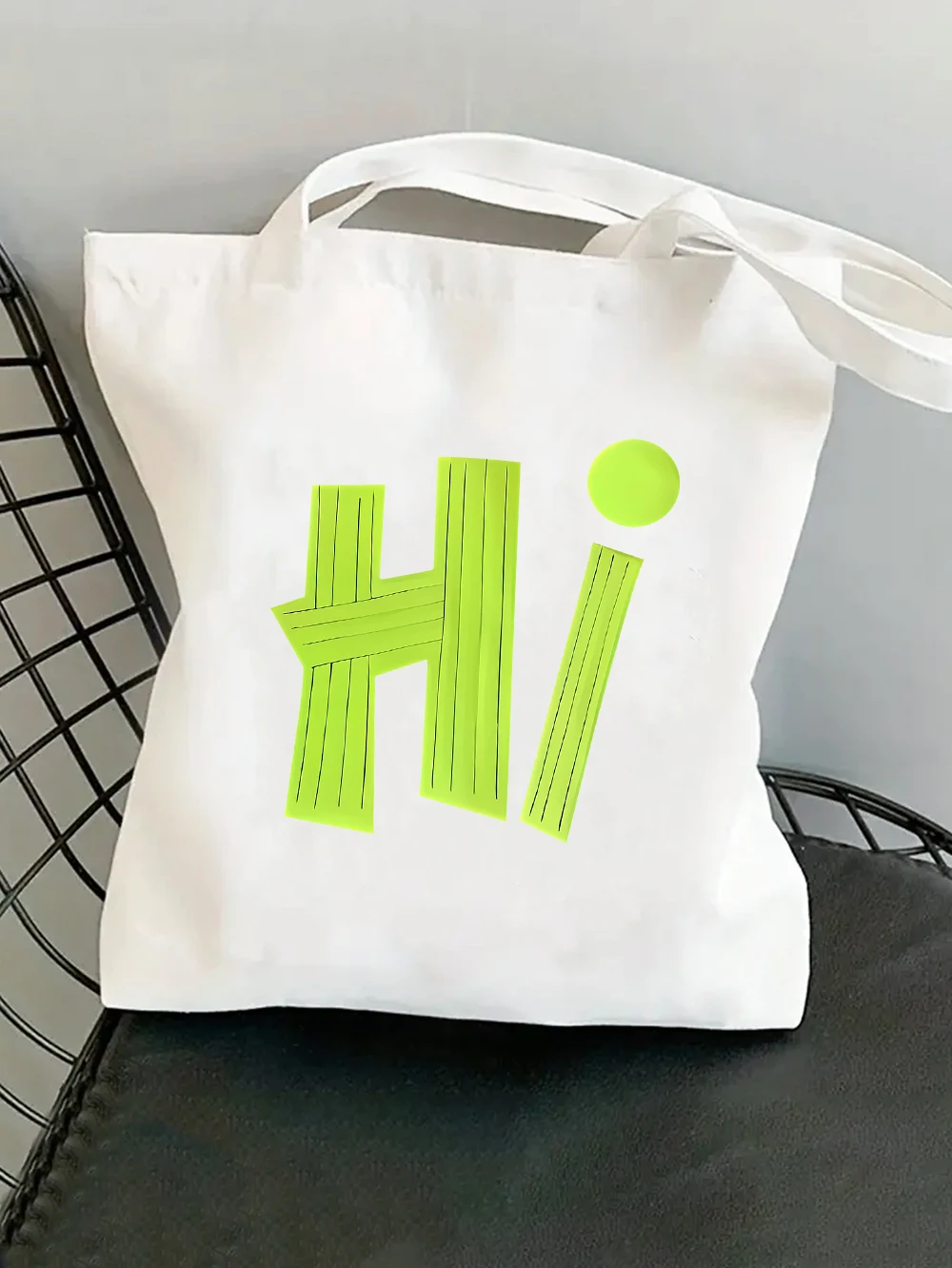 Neon Green Hi Letter Canvas Tote Bag Minimalist Line Texture Hi Print Reusable Shoulder Bag Ins Style Shopping Handbag