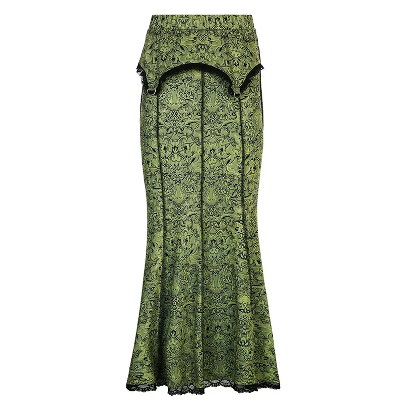 Vintage Fashion Elegant Green Trumpet Long Skirt Graphic Printed Lace Trim  High Waist Skirt Women  Aesthetic