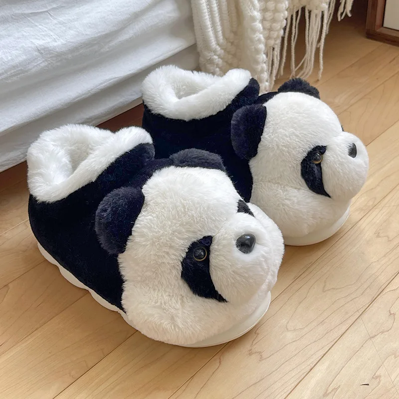 Cuddly panda slippers 2024 women new plush booties outdoor slipper woman cute furry home boots winter fuzzy room slippers 44 45