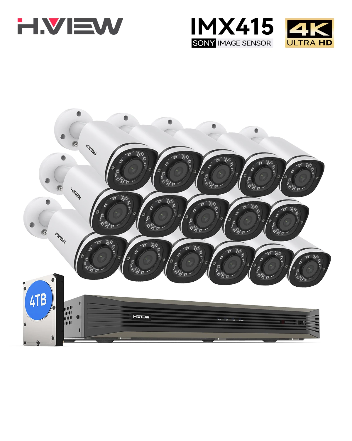 

H.View 16Ch 4K Ultra Hd Cctv Camera Security System 8Mp Video Surveillance Kit H.265 Outdoor Audio Record Poe Ip Camera Nvr Set