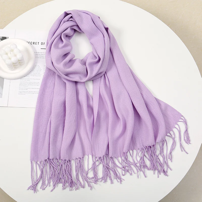 

Hot Selling Long Scarves for Women Simplicity Solid Color Thick Pashmina Shawl with Tessles Delicate Muffler Muslim Cashmere