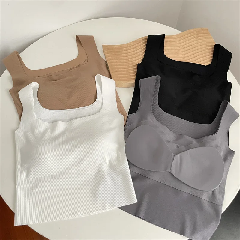 Wide Shoulder Sports Bra Square Neck Beautiful Back Threaded Vest Women\'s Seamless One-piece Fixed Cup Casual Solid Gym Tops