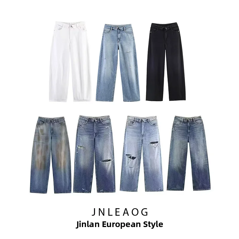 JNLEAOG Fashionable Mid-Rise Cuffed Denim Jeans Women's Casual Pants High Waist Wide Leg Pants Polyester Fiber No Stretch