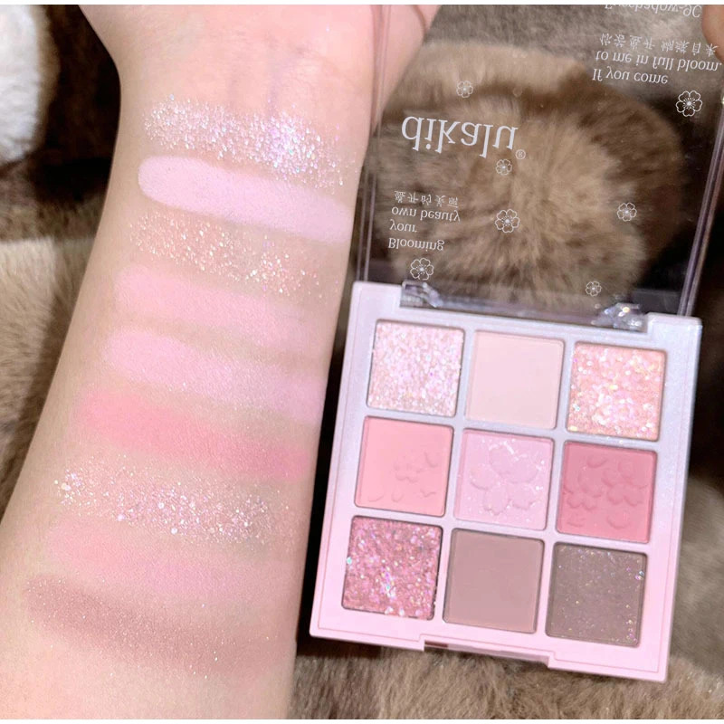 Paleta de sombra de ojos de princesa de nieve con purpurina de 9 colores, sombra de ojos nacarada Dream Girl, maquillaje ligero desnudo rosa y marrón, resalta los ojos