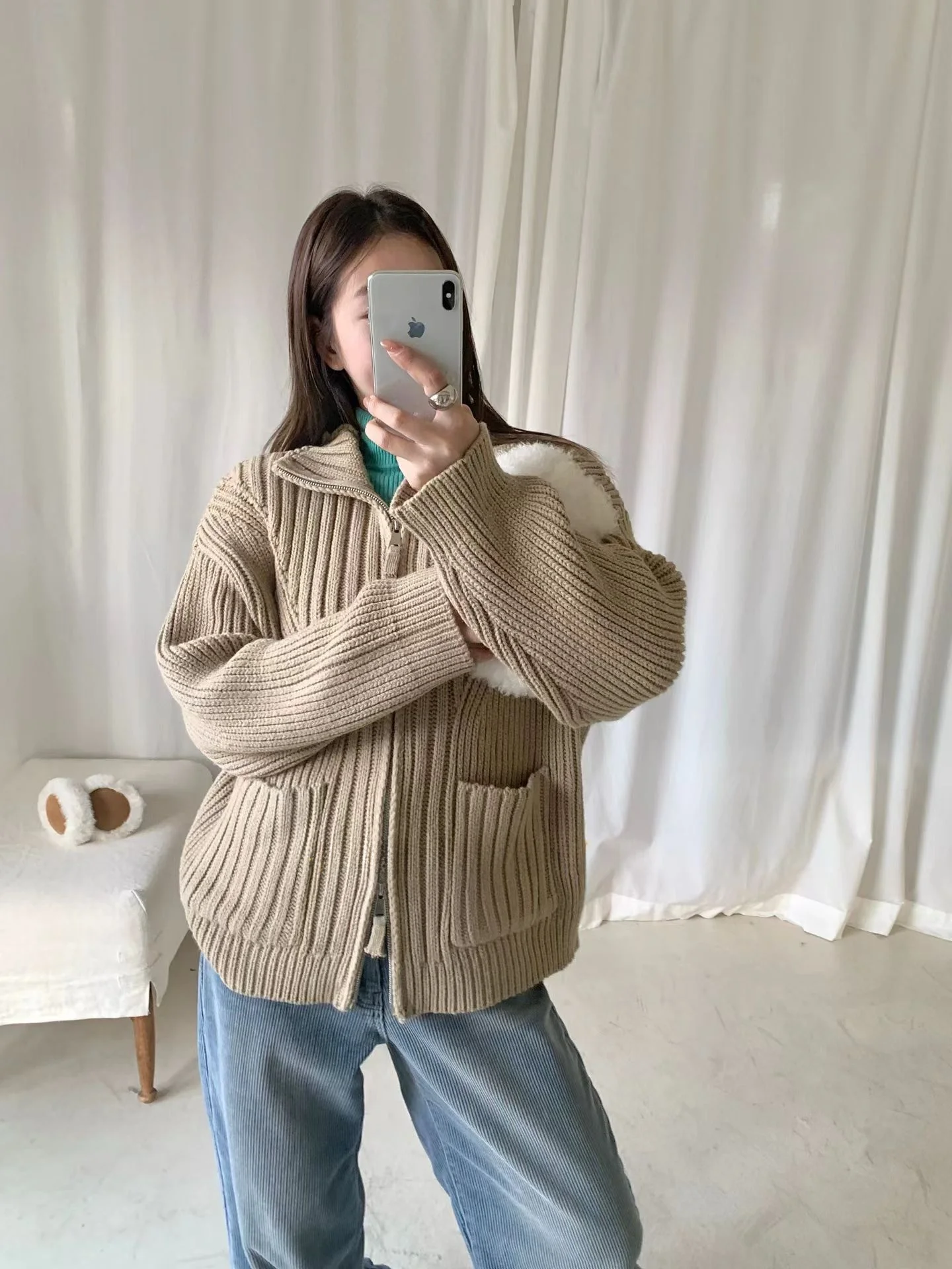 Koreański sweter-kabát z dzianiny, podwójny zamek błyskawiczny, wysoki kołnierz, wzór ket, styl Dongdaemun, nowość, odzież wierzchnia na jesień i zimę.