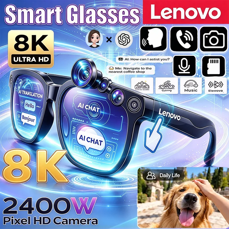 Lenovo  Bluetooth AI Voice Navigation Smart Glasses UV400 Polarized Audio 8K HD Camera Sunglasses Open Ear Call Cycling Eyewear