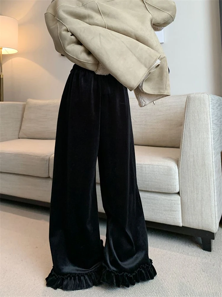 أسود تكدرت النساء السراويل عالية الخصر فضفاضة عادية أفخم الدافئة واسعة الساق بنطلون الإناث الحلو الخريف الشتاء مكتب سيدة السراويل جديد