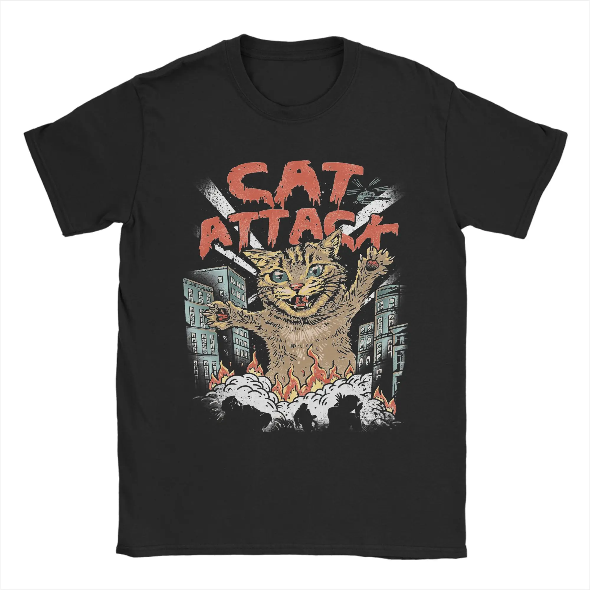 Cat Attack T Shirt Unisex 100%Cotton Top Tee Casual Japanese Japan Retro Catzilla Monster Kaiju Round Neck Short Sleeve