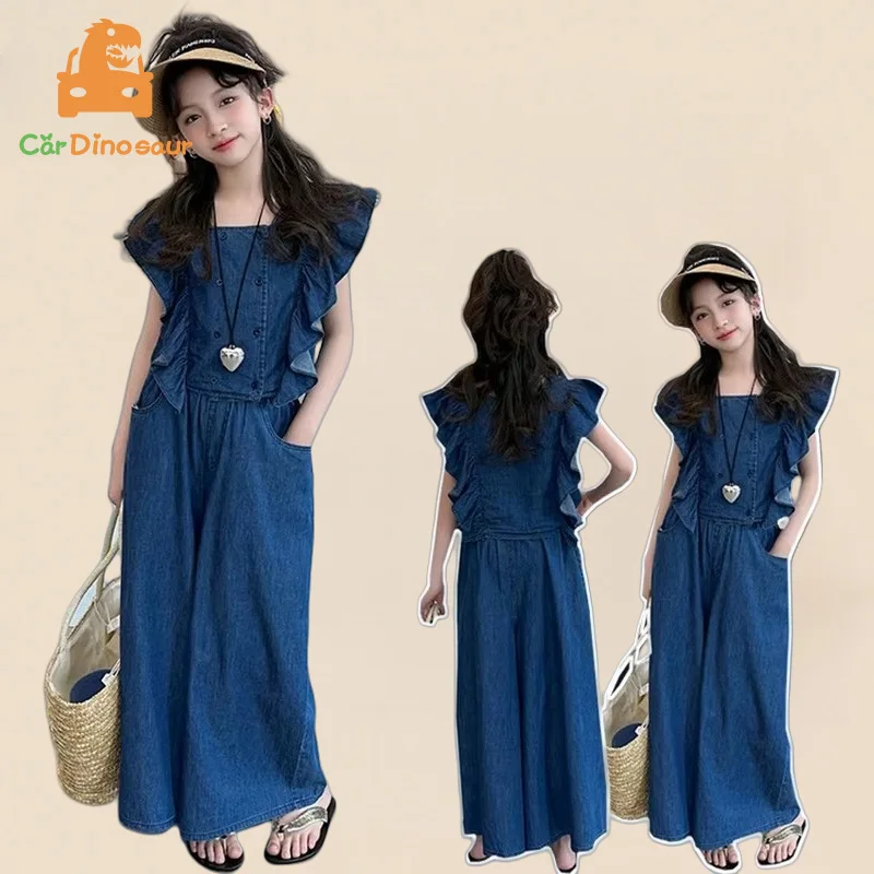2025 Spring Autumn New 6 8 10 12 14 16 Years Teenagers Clothing Girls Denim Kids Fly Sleeve Tops+Wide Leg Pants Jeans 2pcs Set