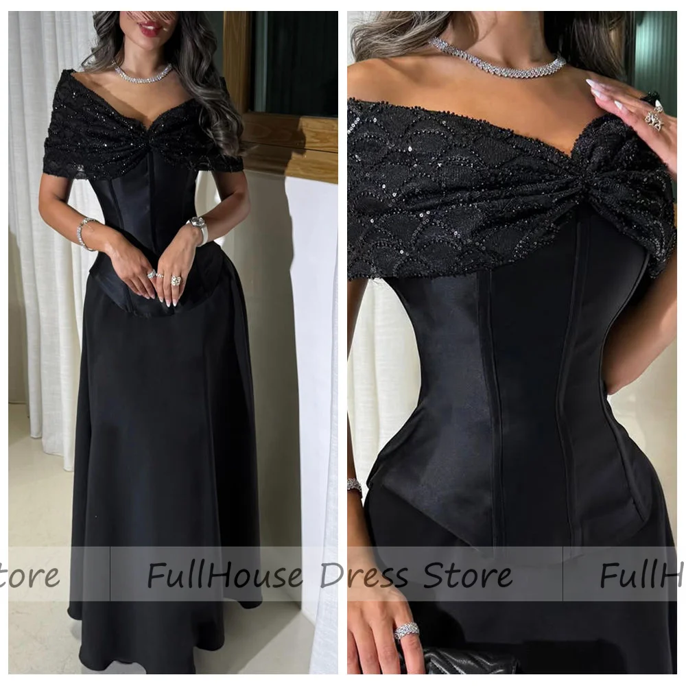 أدلى مخصص رائع أسود قبالة الكتف مطرز الترتر مثير غمد ثوب مسائي مطوي عارية الذراعين ماكسي طول فستان عربي سعودي