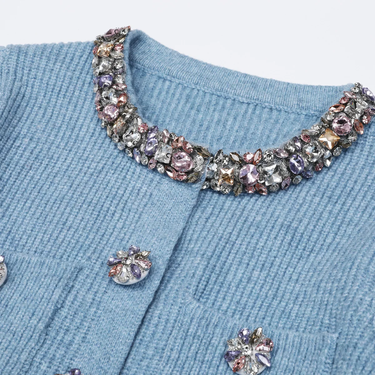 Zjyt elegante outono inverno luxo diamantes cardigans camisola e saia terno 2 peça conjunto de correspondência 2025 roupa feminina moda azul