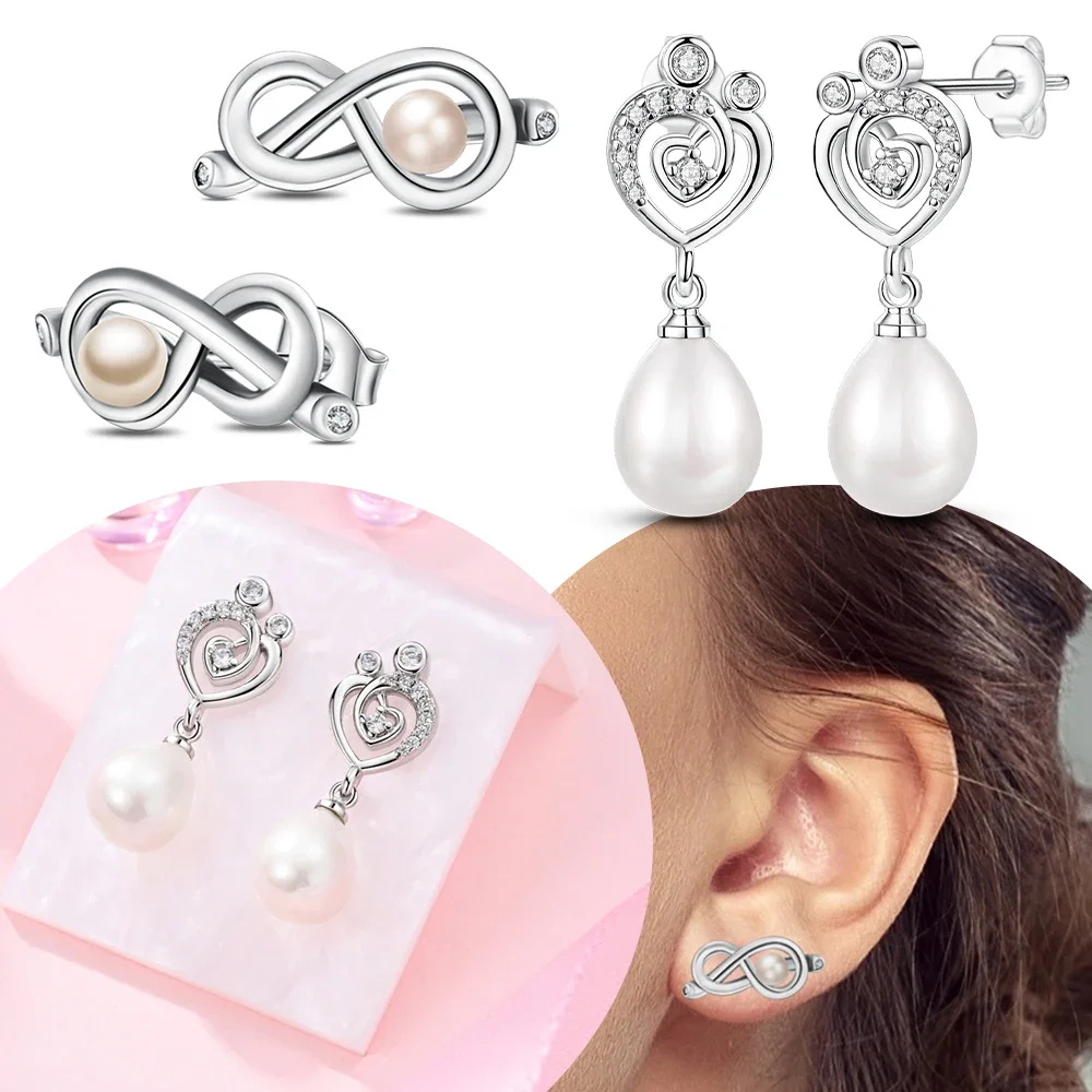 

Original 925 Sterling Silver Certified Fine Infinite Heart Pearl Women Stud Earrings Jewelry Drop Pendant Earrings Gift