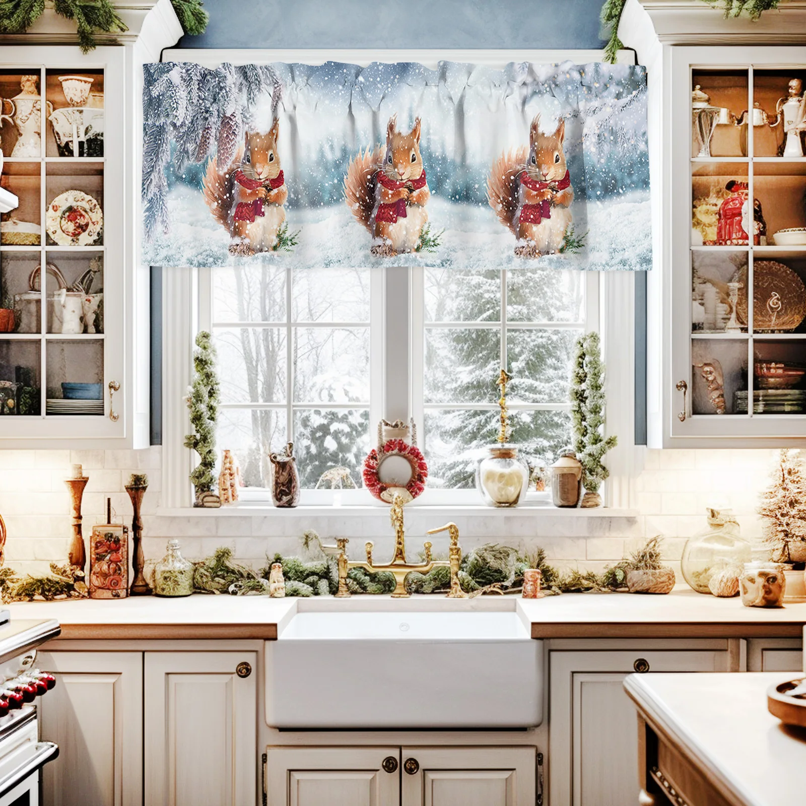 Winter Snow Pine Cone Squirrel Short Curtains Kitchen Cafe Wine Cabinet Door Window Small Curtains Wardrobe Curtain Home Decor