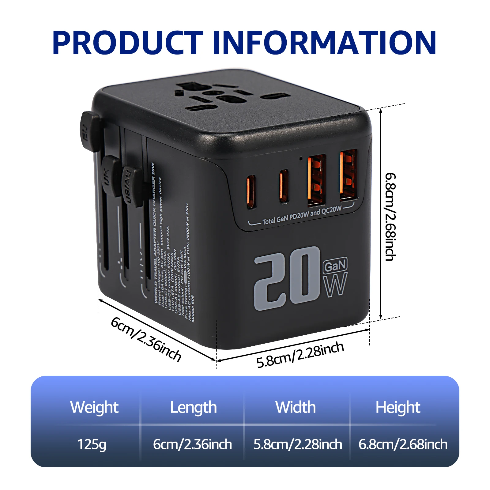 1/2 قطعة شاحن الكل في واحد محول السفر 4 منافذ الطاقة مع 2 USB و2 منافذ Type-C الأساسيات الدولية للولايات المتحدة/الاتحاد الأفريقي الاتحاد الأوروبي المملكة المتحدة 2025